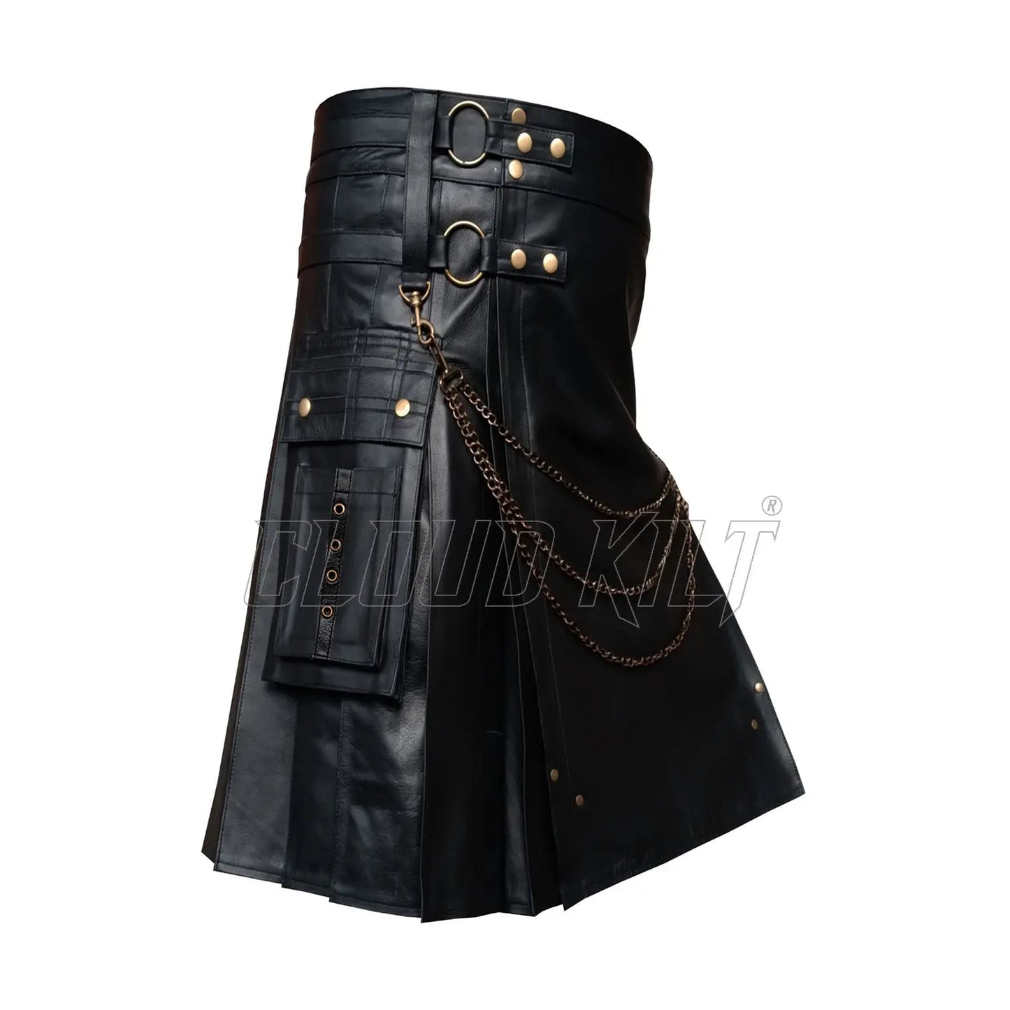 Black Cow Leather Utility Fashion Kilt With Chain CLOUD KILT