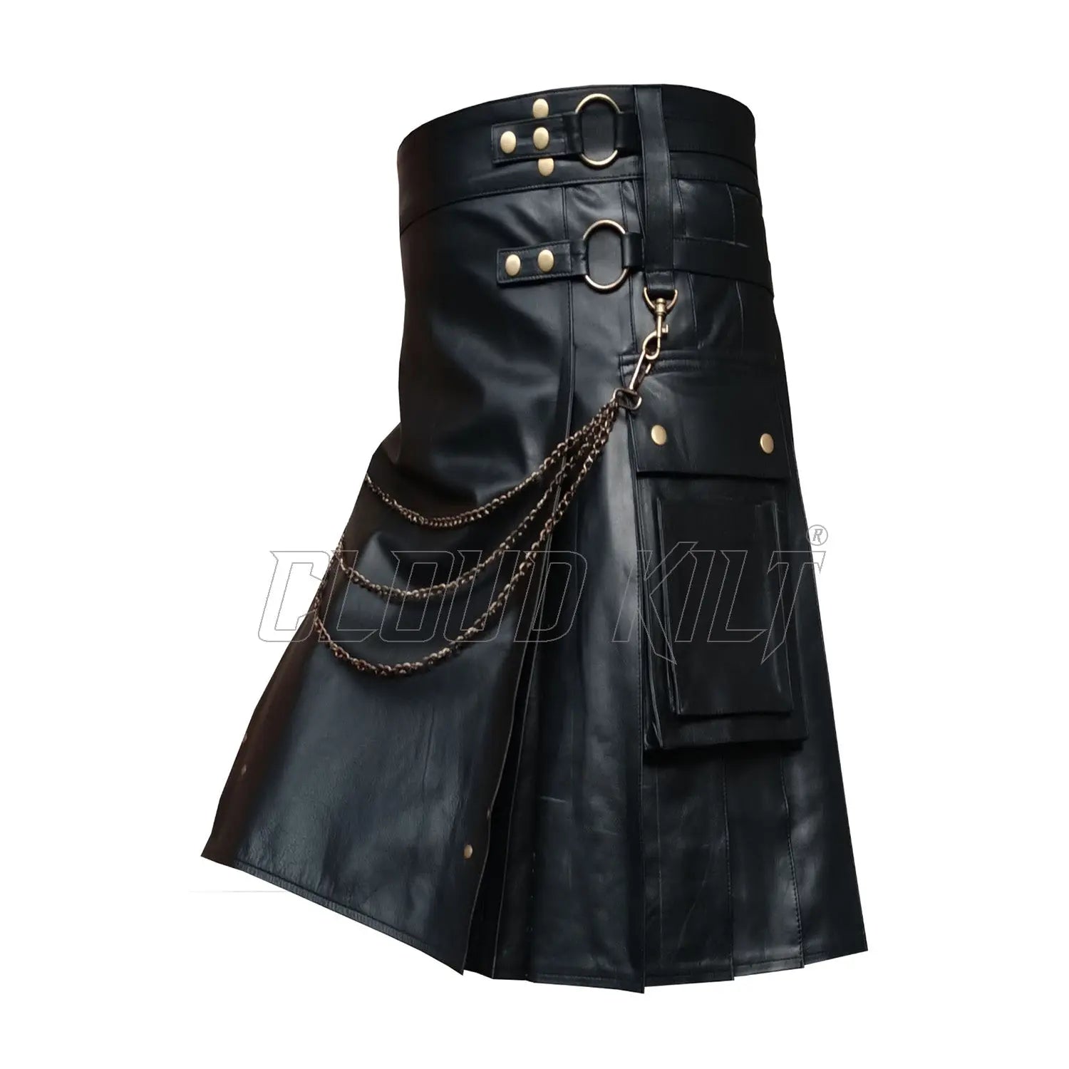 Black Cow Leather Utility Fashion Kilt With Chain CLOUD KILT