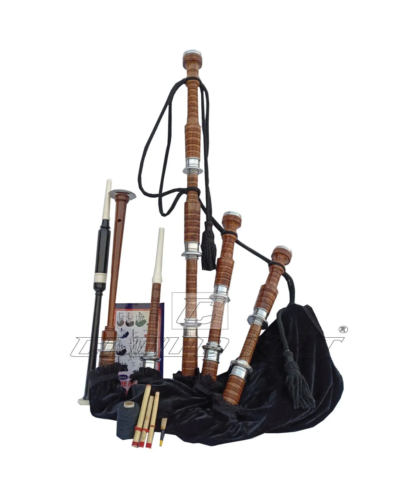 Black Velvet Bagpipe Set Brown & Silver Finish With Hard Case CLOUD KILT