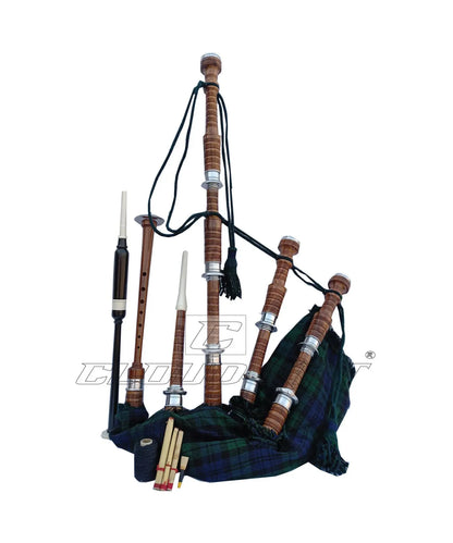 Black Watch Tartan Bagpipe Set Brown & Silver Finish With Hard Case CLOUD KILT