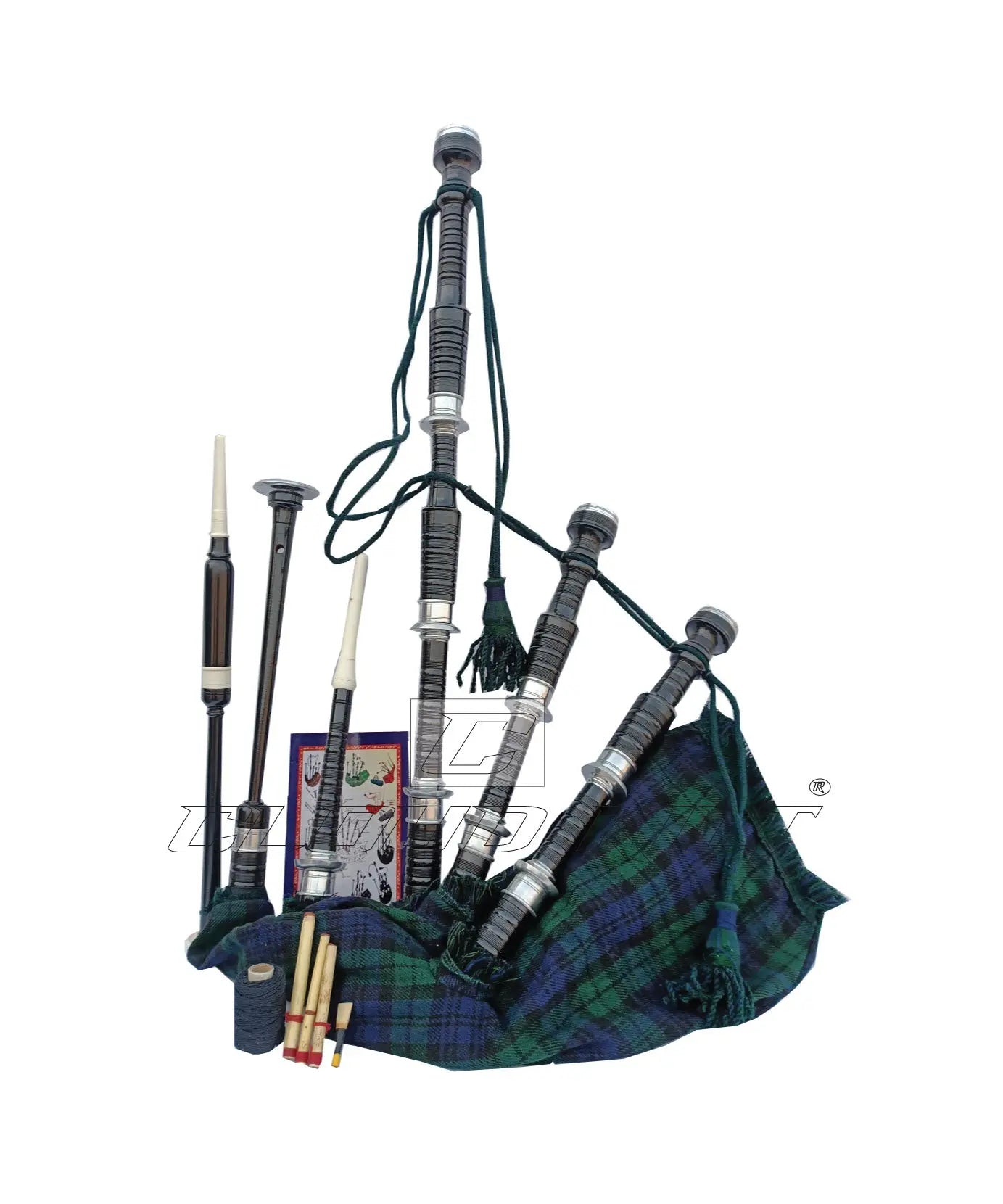 Black Watch Tartan Black With Silver Finish Bagpipe Set With Hard Case CLOUD KILT