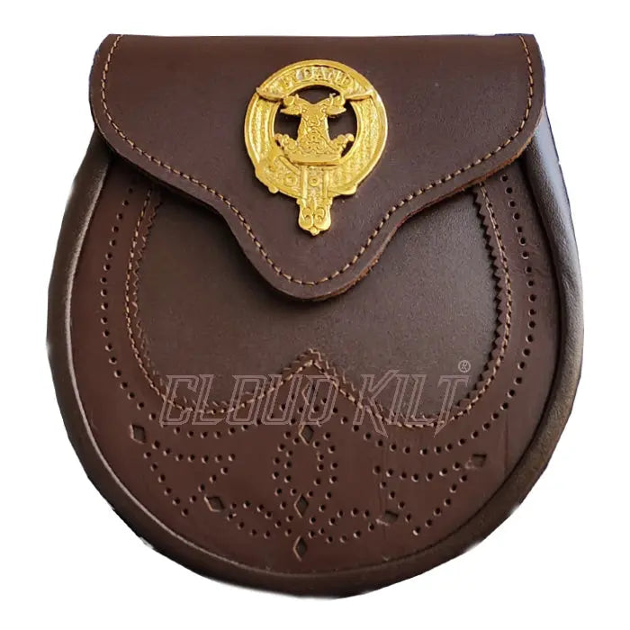 Brown Leather Sporran Gold Finish Badge With Gold Chain CLOUD KILT