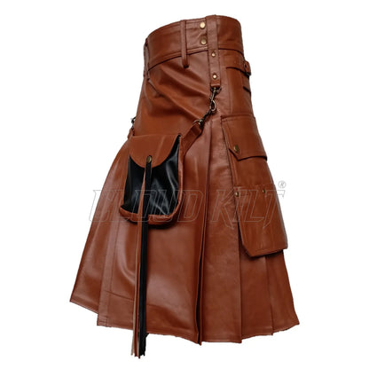 Brown Real Cow Leather Utility Kilt With Front Sporran CLOUD KILT