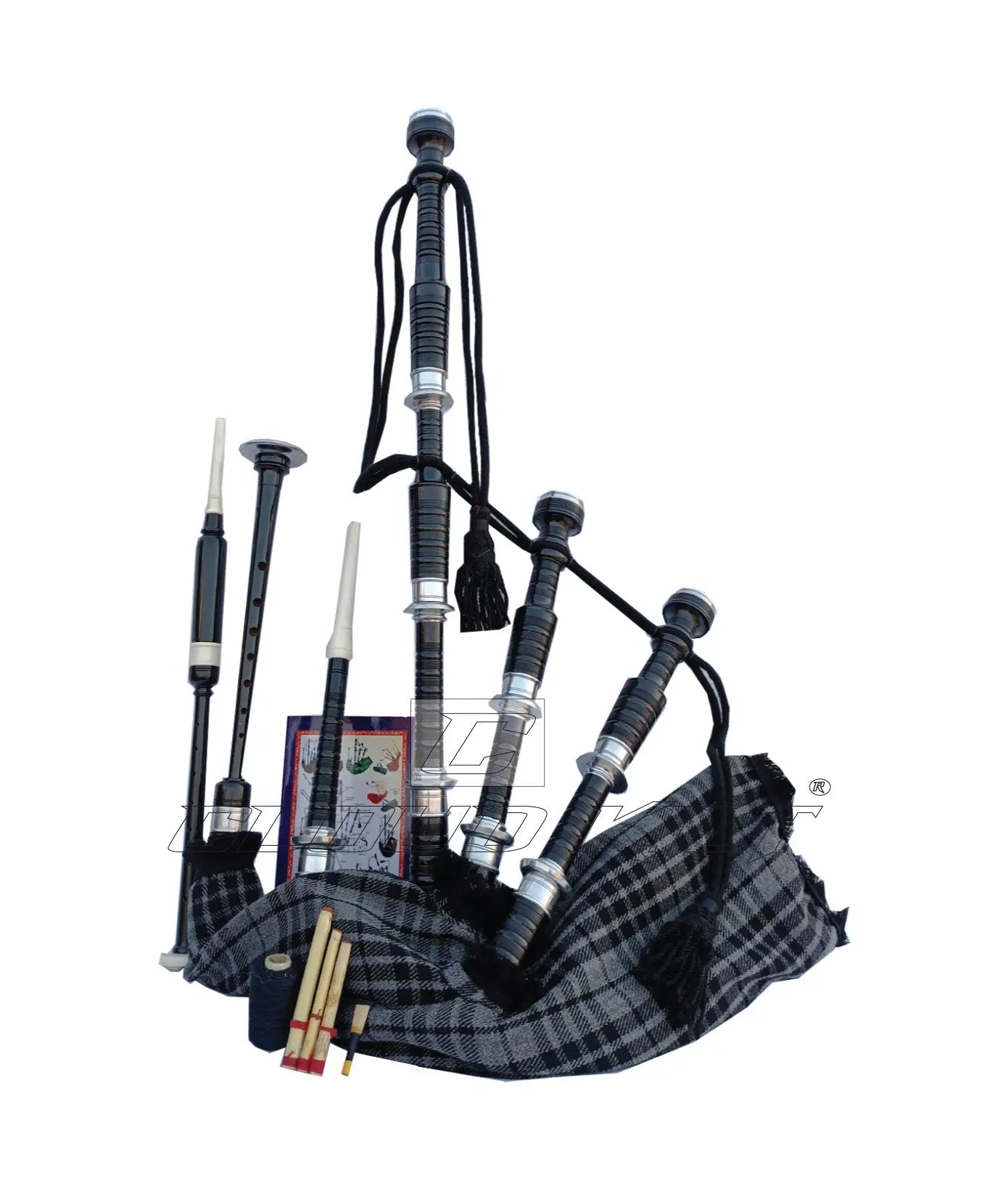 Gray Watch Tartan Black With Silver Finish Bagpipe Set With Hard Case CLOUD KILT