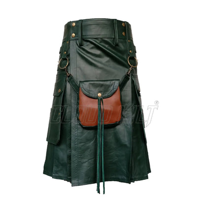 Green Real Cow Leather Utility Kilt With Front Sporran CLOUD KILT