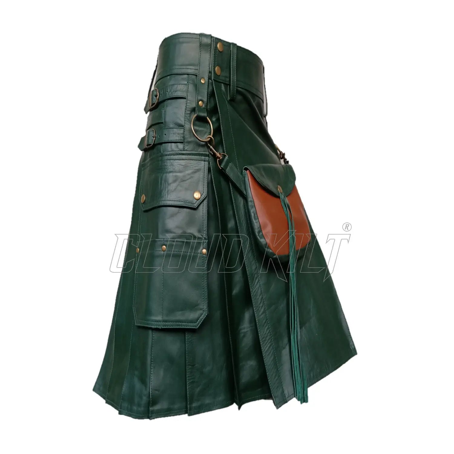 Green Real Cow Leather Utility Kilt With Front Sporran CLOUD KILT