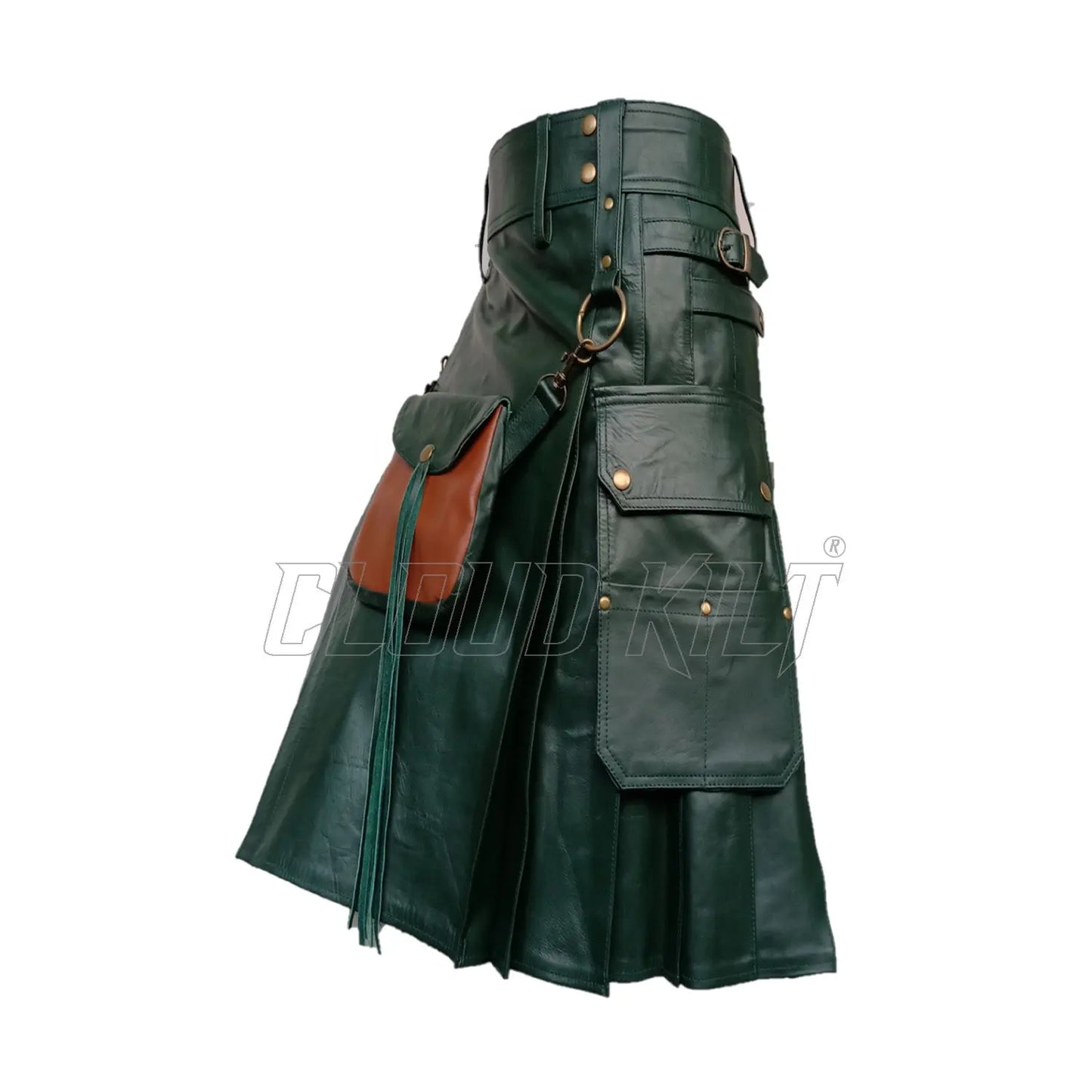 Green Real Cow Leather Utility Kilt With Front Sporran CLOUD KILT