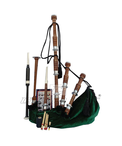 Green Velvet Bagpipe Set Brown & Silver Finish With Hard Case CLOUD KILT