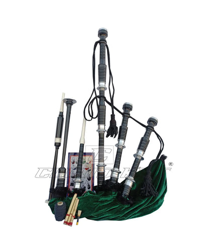 Green Velvet Bagpipe Set Silver & Black Finish With Hard Case CLOUD KILT