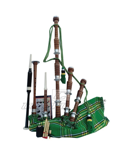 Irish Green Tartan Bagpipe Set Brown & Silver Finish With Hard Case CLOUD KILT