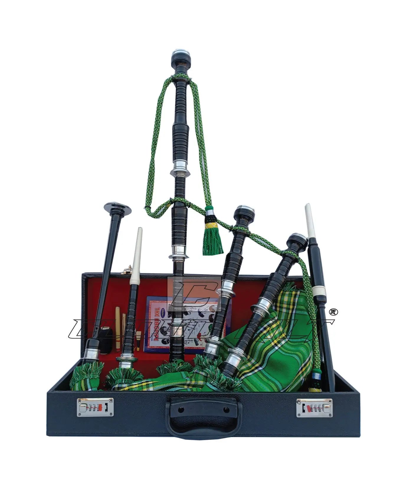 Irish Green Tartan Black With Silver Finish Bagpipe Set With Hard Case CLOUD KILT