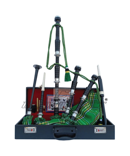 Irish Green Tartan Black With Silver Finish Bagpipe Set With Hard Case CLOUD KILT