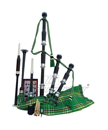 Irish Green Tartan Black With Silver Finish Bagpipe Set With Hard Case CLOUD KILT