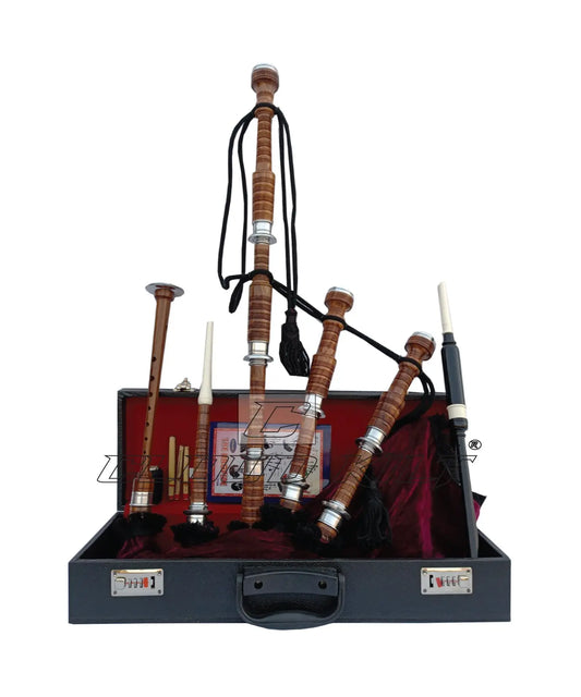 Maroon Velvet Bagpipe Set Brown & Silver Finish With Hard Case CLOUD KILT