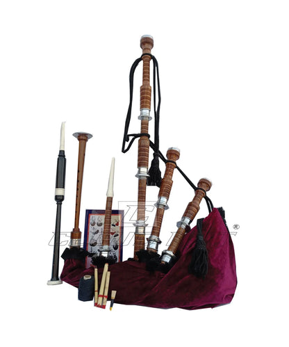 Maroon Velvet Bagpipe Set Brown & Silver Finish With Hard Case CLOUD KILT