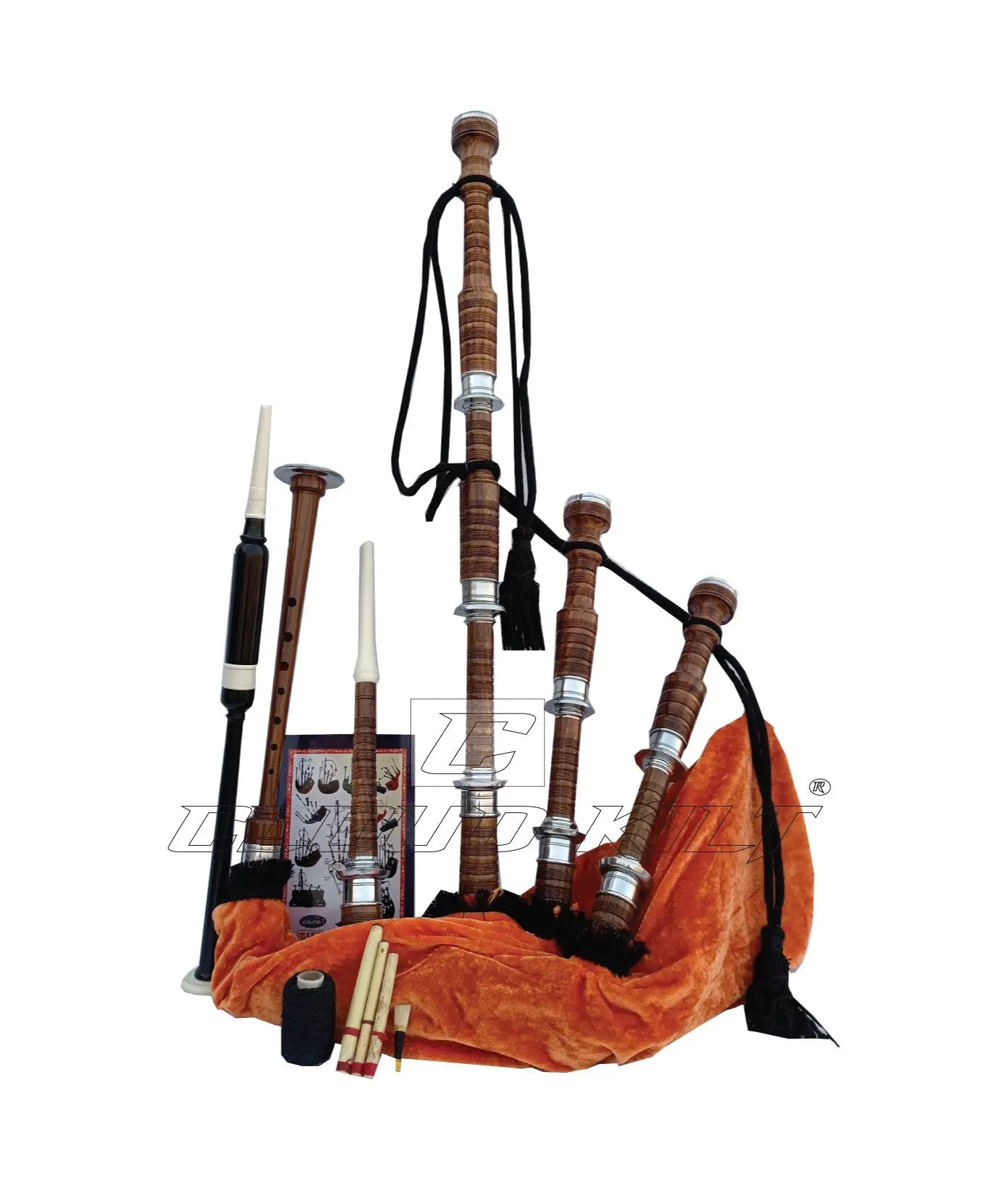 Orange Velvet Bagpipe Set Brown & Silver Finish With Hard Case CLOUD KILT