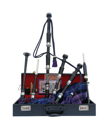 Pride of Scotland Tartan Black With Silver Finish Bagpipe Set With Hard Case CLOUD KILT