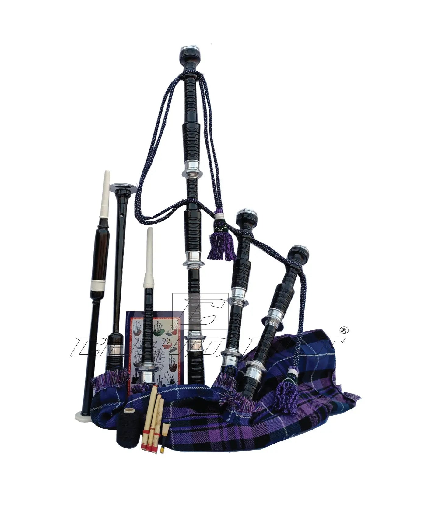 Pride of Scotland Tartan Black With Silver Finish Bagpipe Set With Hard Case CLOUD KILT