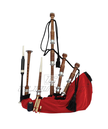 Red Velvet Bagpipe Set Brown & Silver Finish With Hard Case CLOUD KILT