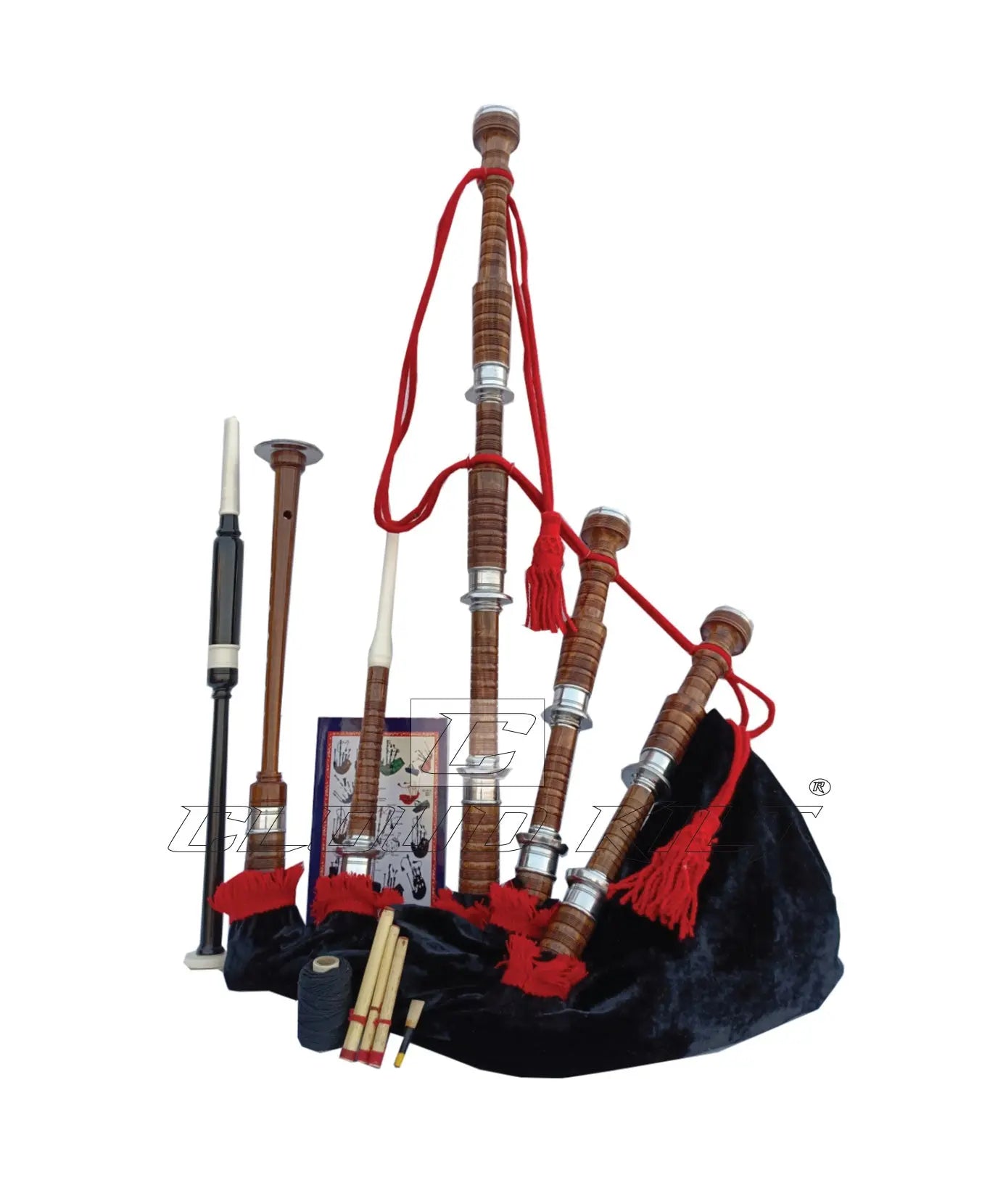 Red & Black Velvet Bagpipe Set Brown & Silver Finish With Hard Case CLOUD KILT