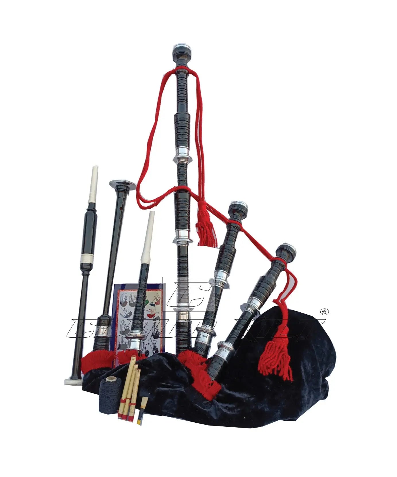 Red & Black Velvet Bagpipe Set Silver & Black Finish With Hard Case CLOUD KILT