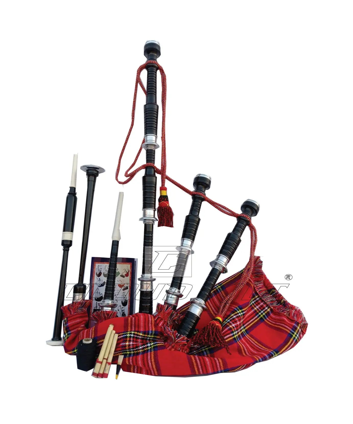 Royal Stewart Tartan Black With Silver Finish Bagpipe Set With Hard Case CLOUD KILT