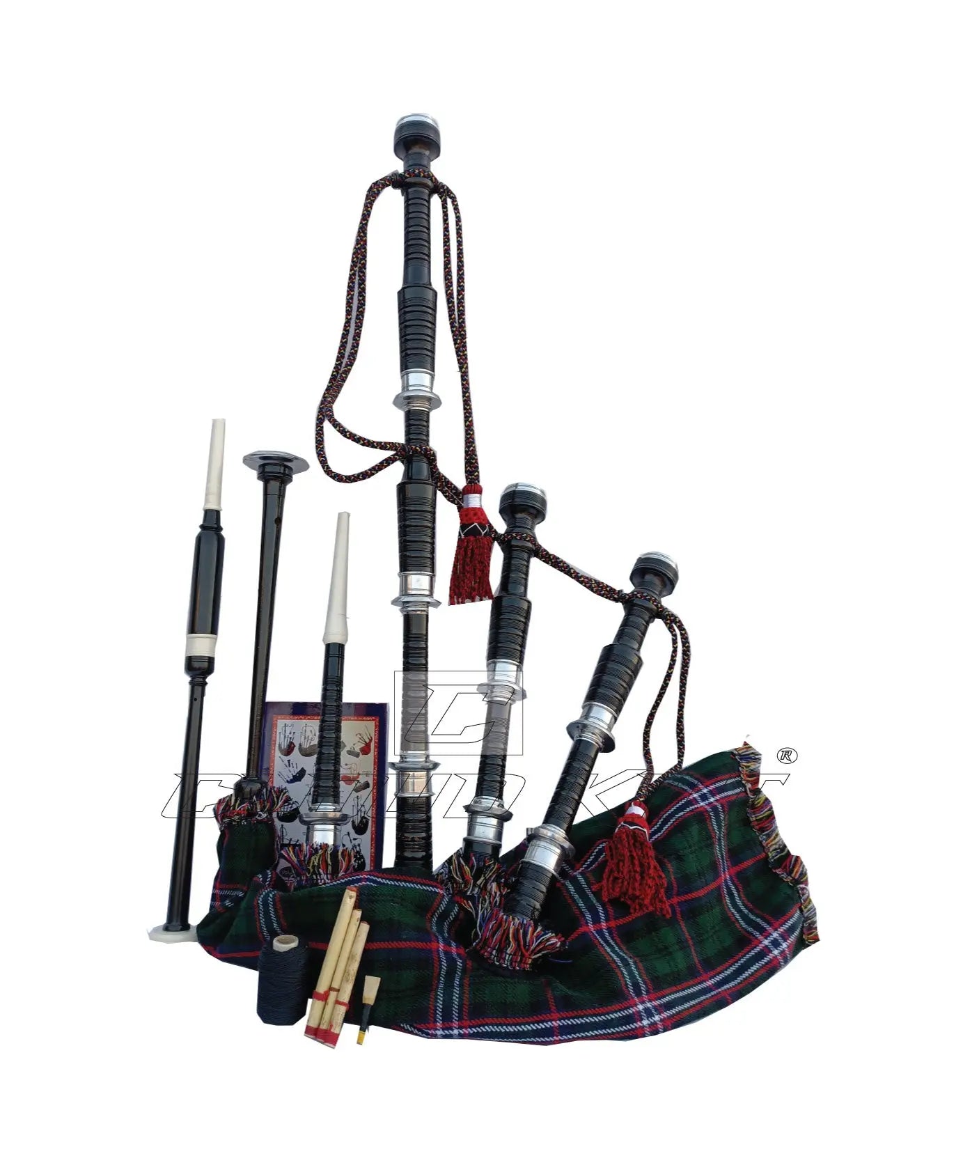 Scottish National Tartan Black With Silver Finish Bagpipe Set With Hard Case CLOUD KILT