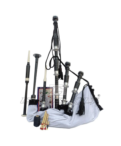 White Velvet Bagpipe Set Silver & Black Finish With Hard Case CLOUD KILT