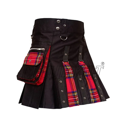 Women Black With Royal Stewart Box Pleat Utility Kilt CLOUD KILT