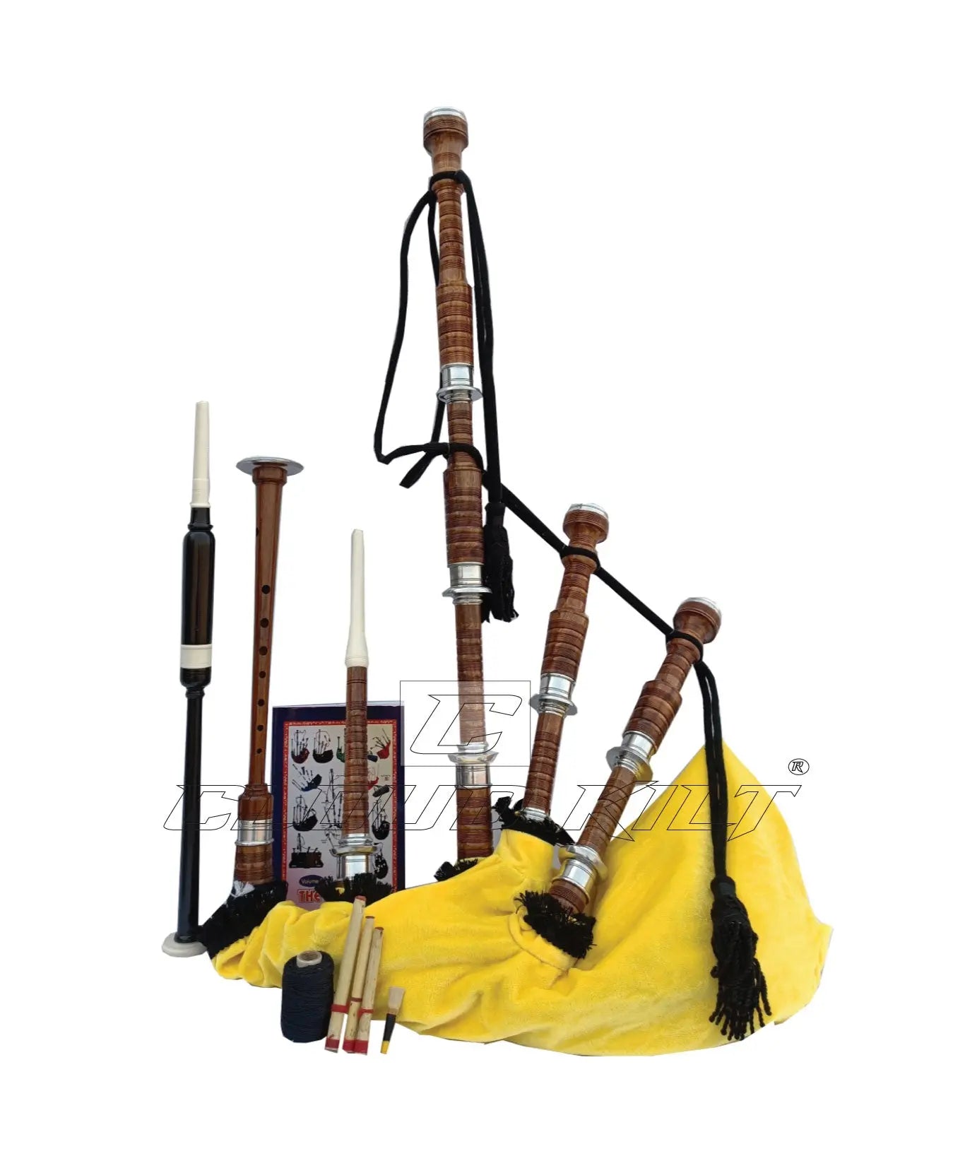 Yellow Velvet Bagpipe Set Brown & Silver Finish With Hard Case CLOUD KILT